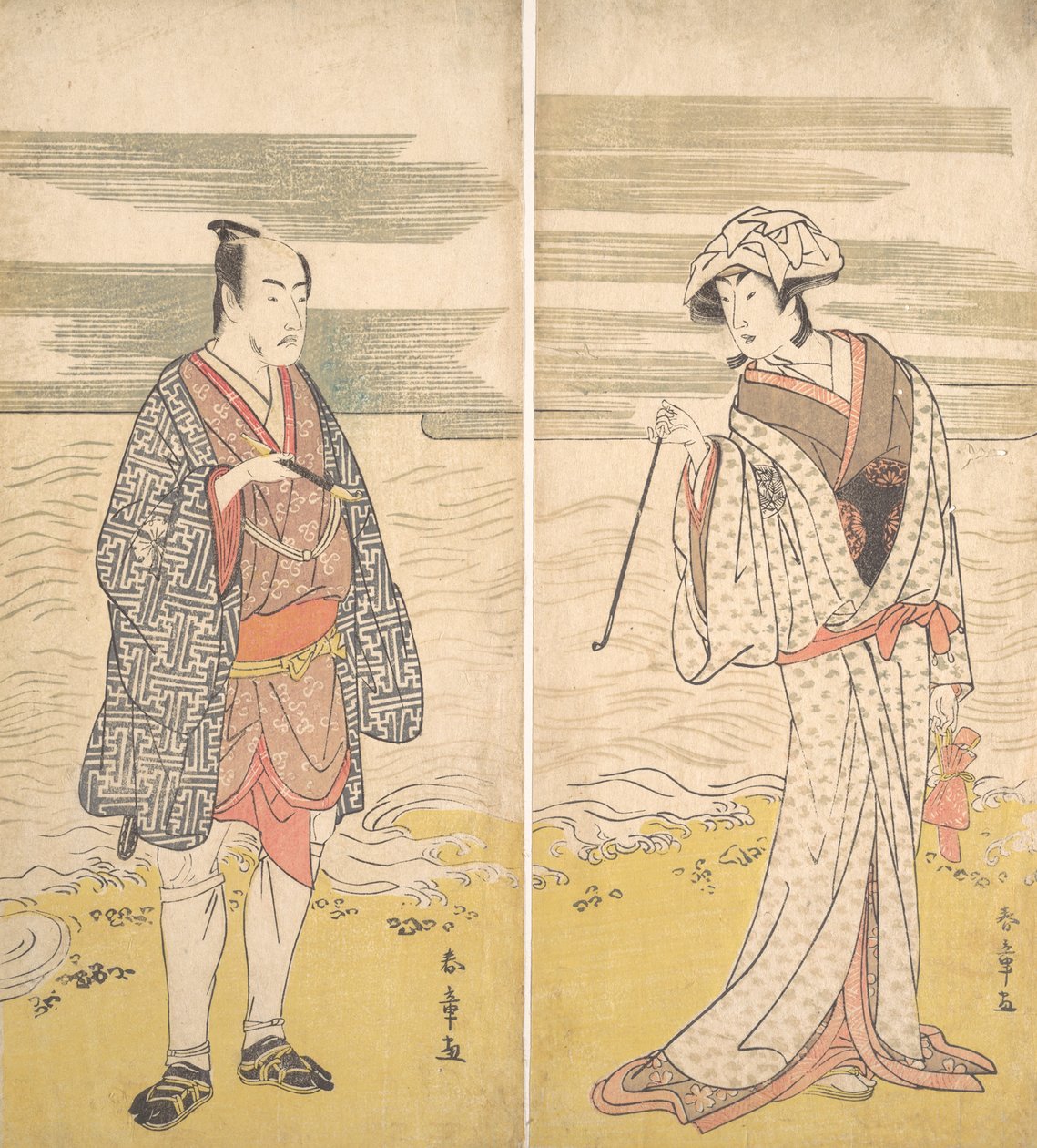 To skuespillere: den fjerde Matsumoto Koshiro som en mann kledd i en kort kimono [til venstre], 1779. av Katsukawa Shunjo
