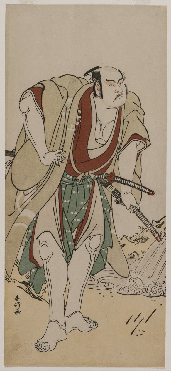 Otani Hiroji III som en samurai som står ved siden av en bekk av Katsukawa Shunko