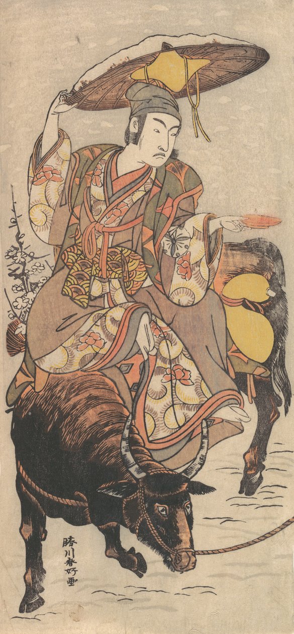 Skuespilleren Matsumoto Koshiro IV på en okse i en snøstorm, ca. 1790. av Katsukawa Shunko