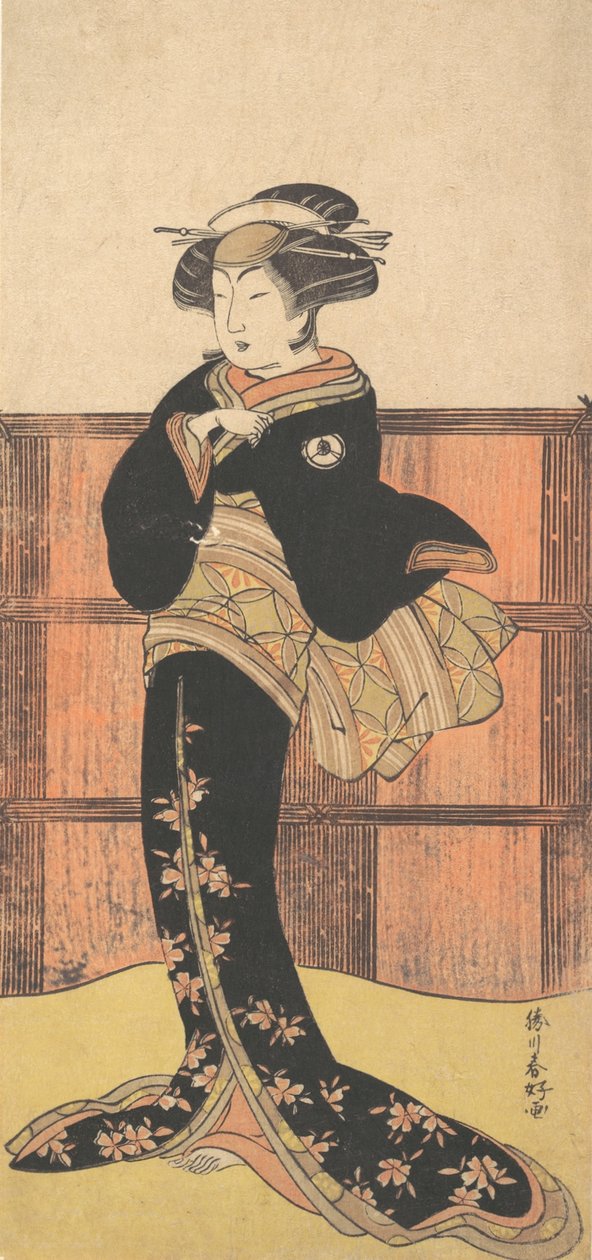 Den fjerde Iwai Hanshiro som en kvinne i en svart kimono, ca. 1778 av Katsukawa Shunko