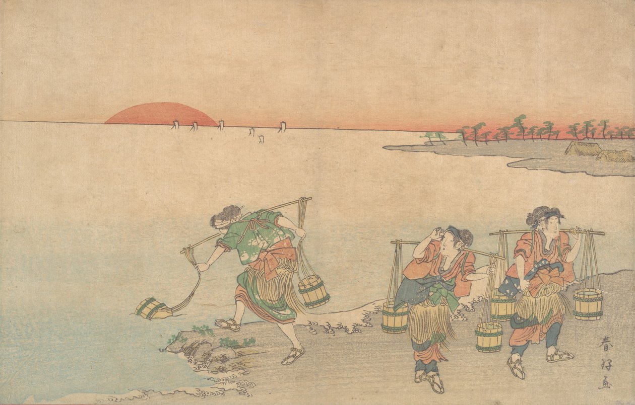 Three Water Carriers at the Shore, slutten av 1700-tallet. av Katsukawa Shunko