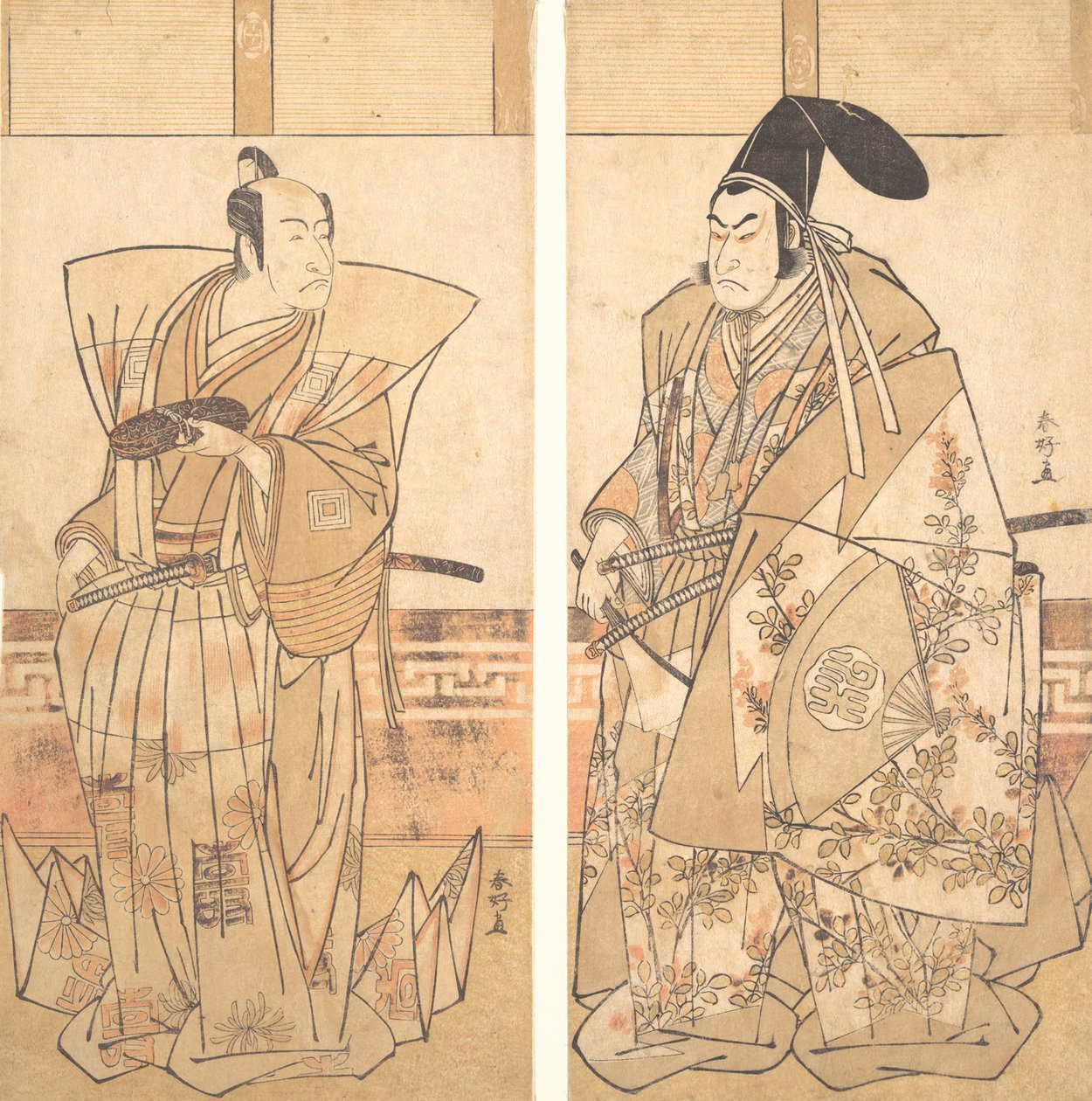 To skuespillere kledd i seremonielle kostymer, ca. 1787. av Katsukawa Shunko