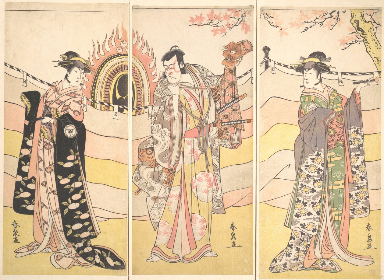 Tre skuespillere i vakre kostymer som fremfører en religiøs dans, ca. 1785. av Katsukawa Shunsen