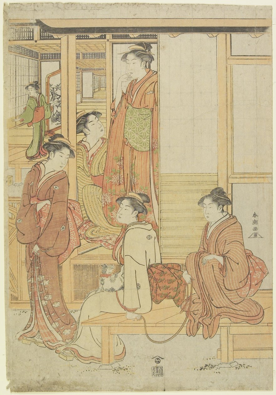 (En gruppe damer på en veranda), ca. 1780-1795 av Katsukawa Shunsho