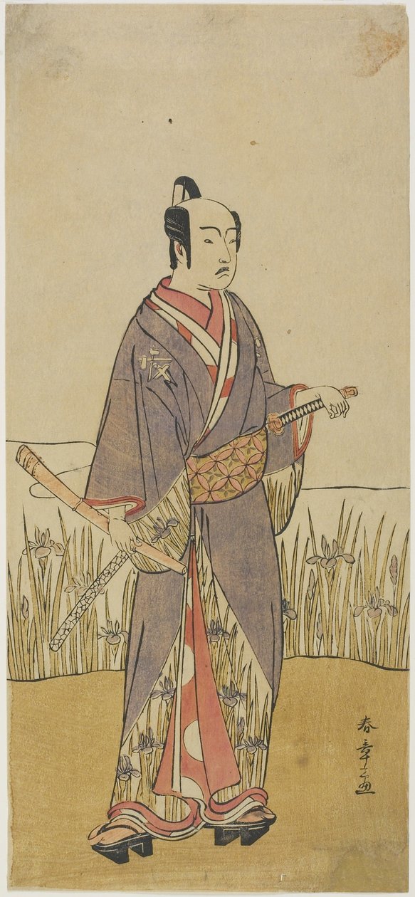 (En skuespiller i en samurai-rolle som holder en bambusfløyte) av Katsukawa Shunsho