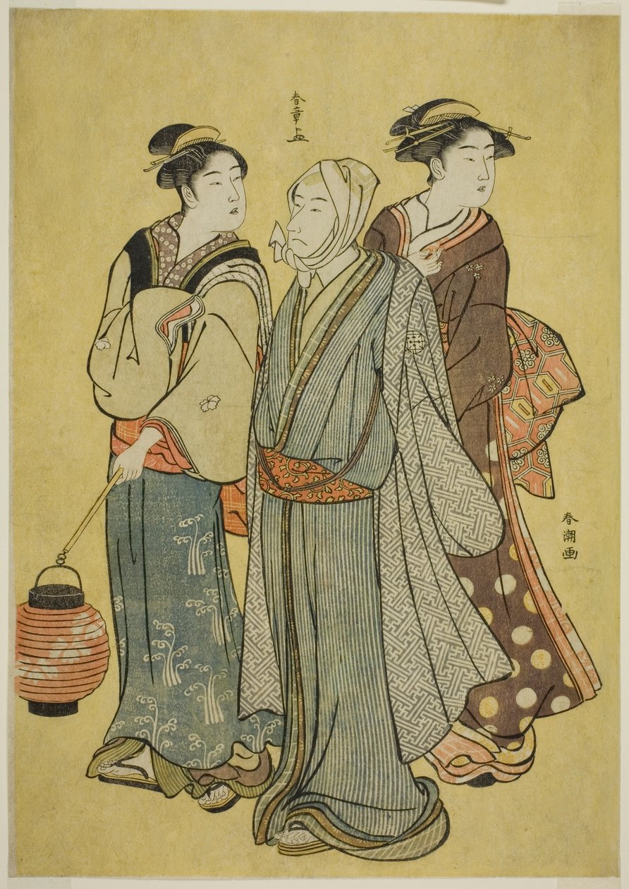 En ung mann kledd som en skuespiller av Ichikawa-familien (av Shunsho), en hushjelp og en geisha (av Shuncho) av Katsukawa Shunsho