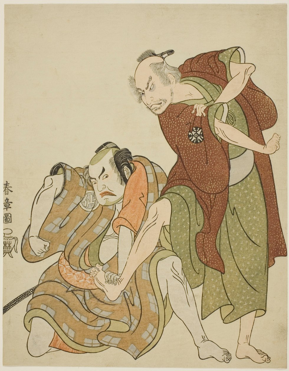 Skuespillere som spiller rollene som Giheiji og hans svigersønn, Danshichi Kurobei av Katsukawa Shunsho