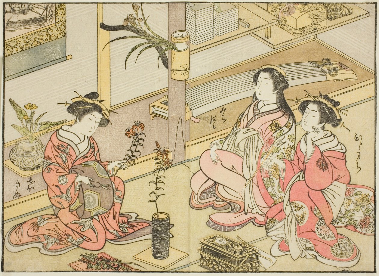 Kurtisaner fra Kadotsutaya, fra boken "Mirror of Beautiful Women of the Pleasure Quarters (Seiro bijin awase sugata kagami)," vol. 1 av Katsukawa Shunsho