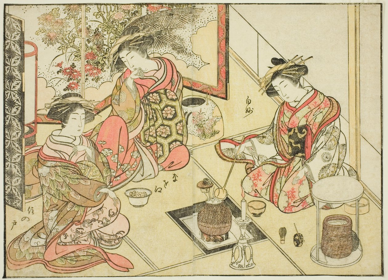 Courtesans of the Okaneya, fra boken "Mirror of Beautiful Women of the Pleasure Quarters (Seiro bijin awase sugata kagami)," vol. 2 av Katsukawa Shunsho