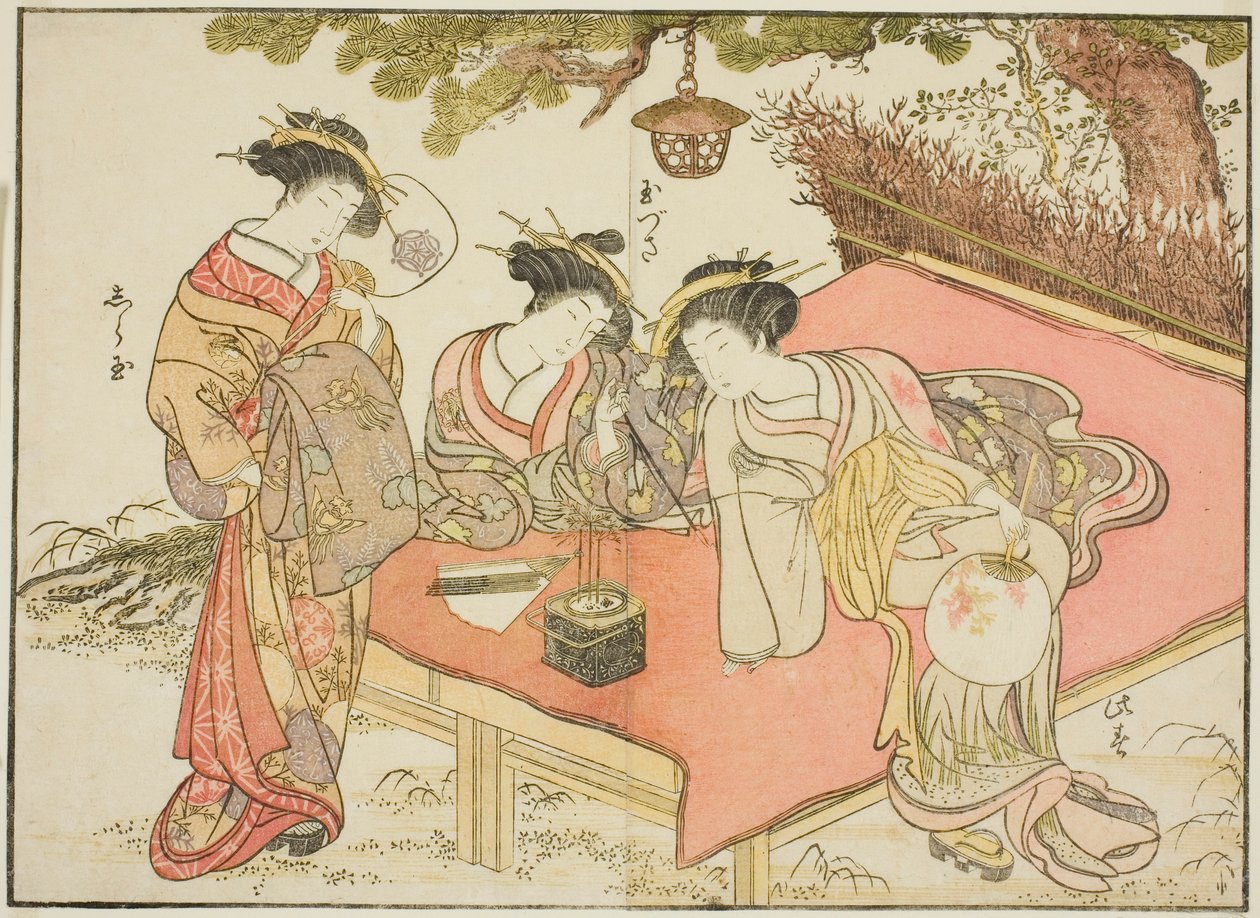 Kurtisaner fra Yadaya, fra boken "Mirror of Beautiful Women of the Pleasure Quarters (Seiro bijin awase sugata kagami)," vol. 1 av Katsukawa Shunsho