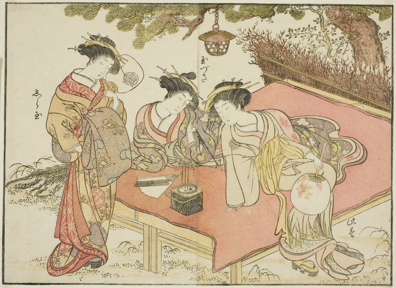 Kurtisaner fra Yadaya, fra boken "Mirror of Beautiful Women of the Pleasure Quarters (Seiro bijin awase sugata kagami) av Katsukawa Shunsho
