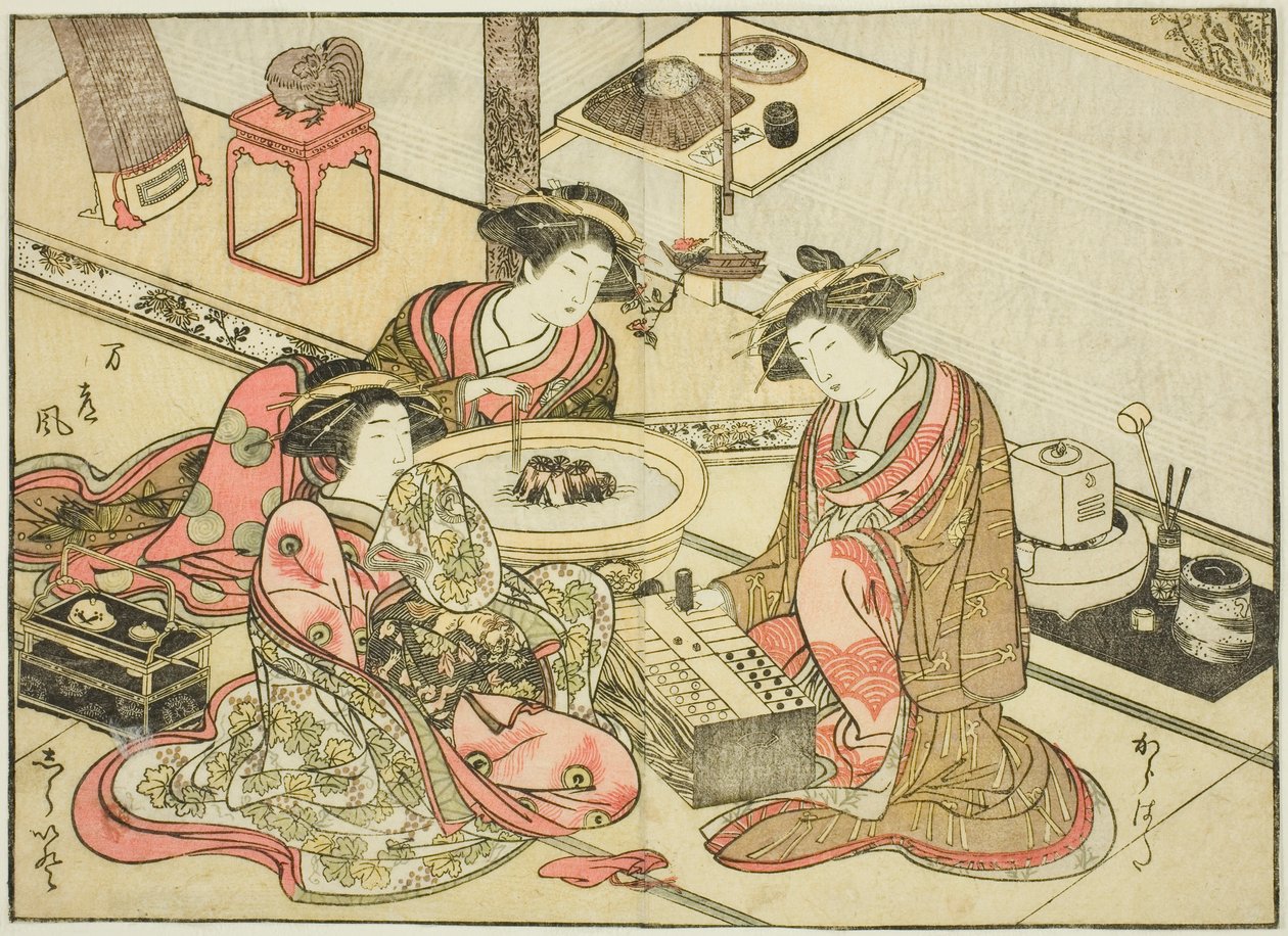 Kurtisaner fra Yamashiroya, fra boken "Mirror of Beautiful Women of the Pleasure Quarters (Seiro bijin awase sugata kagami)," vol. 2 av Katsukawa Shunsho