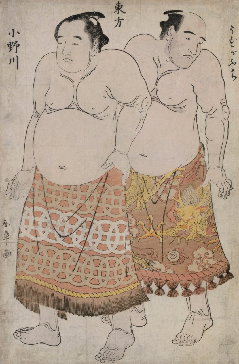 Full lengde Portraits of Wrestlers of the Eastern Group, som viser Uzugafuchi og Onagawa (farget treblokktrykk) av Katsukawa Shunsho