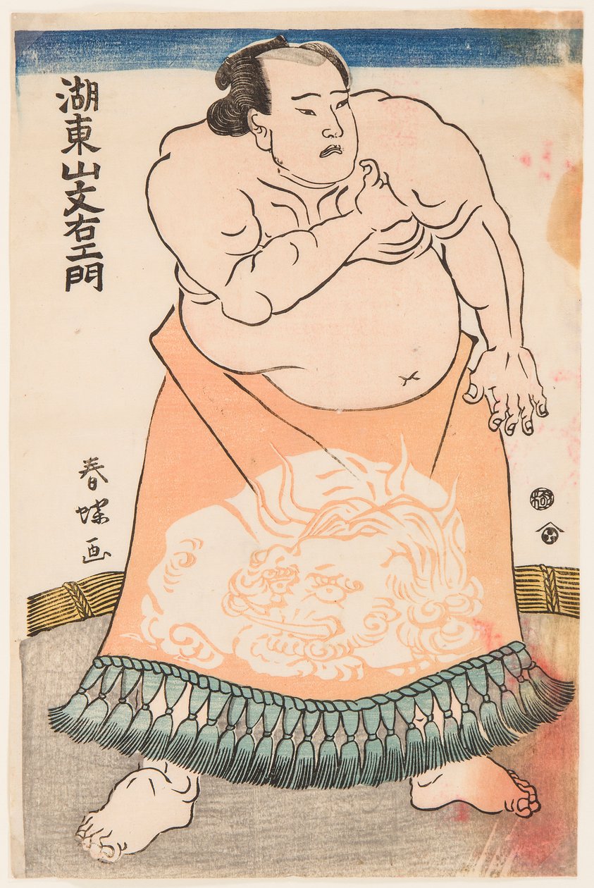 Portrett av sumobryter Kotozan med et rituelt forkle. Trykk av Shunsho, Katsukawa (1726-1793), ca. 1775 - Bryteren Kotozan, iført et forkle (kesho-mawashi), av Shunsho, Katsukawa (1726-1793). Fargetresnitt, ca 1775. Størrelse: 34,5x22,5 cm. av Katsukawa Shunsho