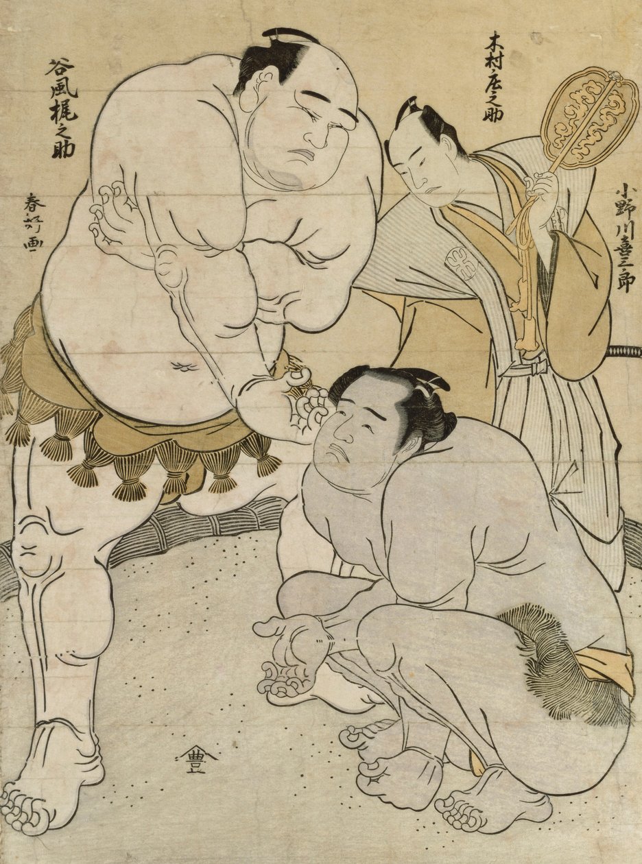 P re parathion s fore tch beto een Onagawa Saburo plan d Kajinosuke Tanikaze, dommer d av Shosuke Kimura av Katsukawa Shunsho