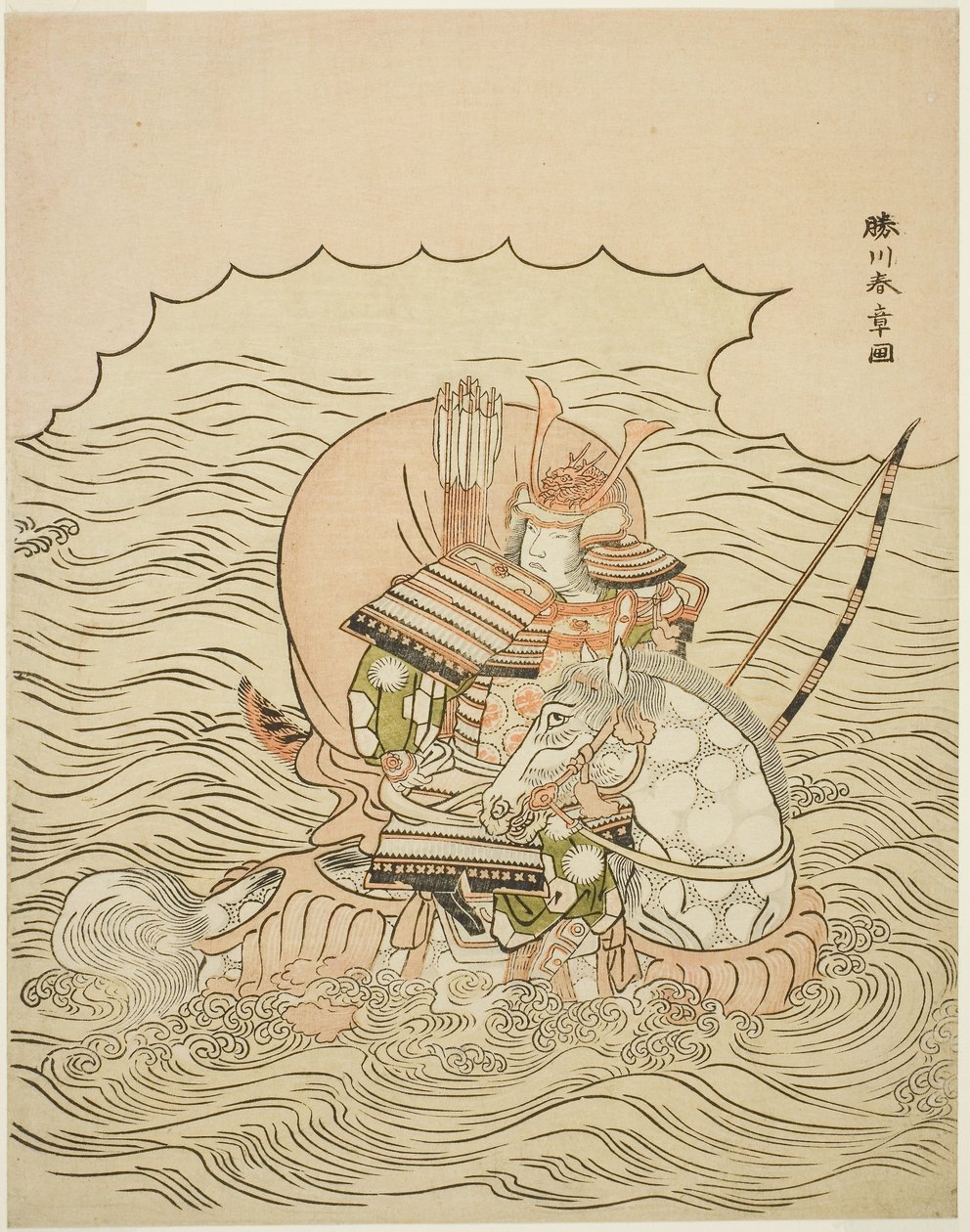 Taira no Atsumori Riding a Horse into the Sea, ca. 1770 (farget treblokktrykk; chuban) av Katsukawa Shunsho