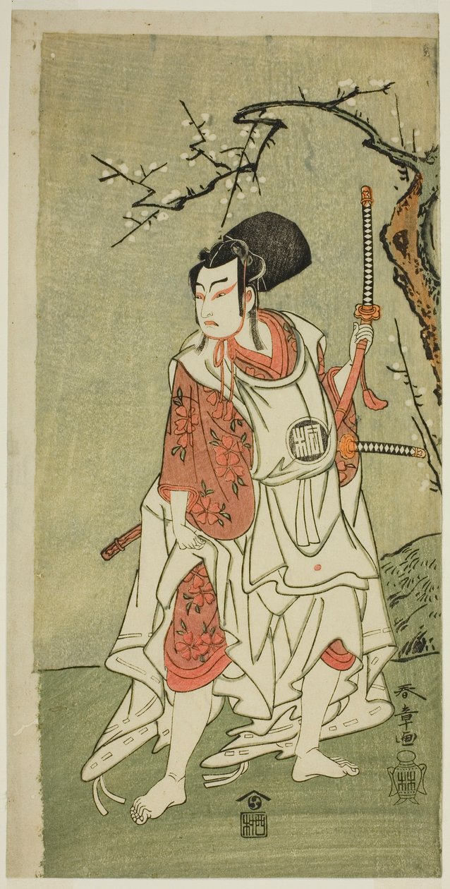 Skuespilleren Arashi Sangoro II som Sakura-maru i stykket Sugawara Denju Tenarai Kagami, fremført på Ichimura Theatre i den første måneden, 1772 av Katsukawa Shunsho