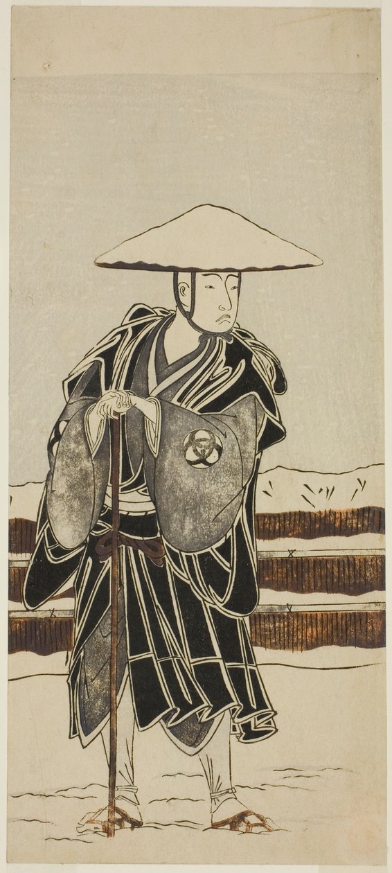 Skuespilleren Bando Mitsugoro I som abbed Saimyo-ji Tokiyori, forkledd som en munk, i Joruri "Onna Hachi no Ki" (en kvinnelig versjon av "The Potted Trees") fra del to av stykket Onna Aruji Hatsuyuki no Sekai (A Woman as Master: The World of the First Snow av Katsukawa Shunsho