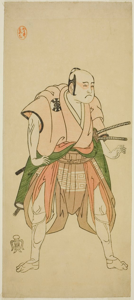 Skuespilleren Bando Sampachi I som Yawata no Saburo (?) i Play Shuen Soga Omugaeshi (?), fremført på Ichimura Theatre (?) i den andre måneden, 1768 (?) av Katsukawa Shunsho
