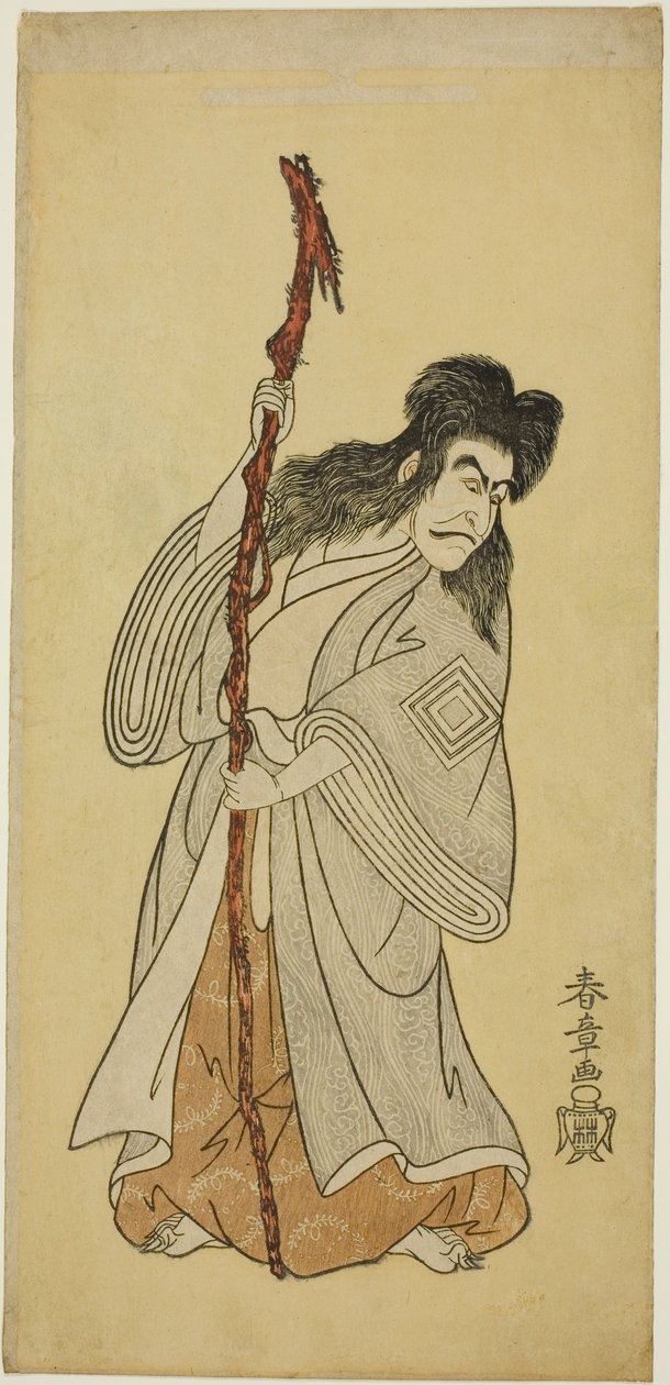 Skuespilleren Ichikawa Danjuro IV muligens som Tenjiku Tokubei i stykket "Tenjiku Tokubei Turns the Helm toward Home (Tenjiku Tokubei Kokyo no Torikaji)," opptrådte på Nakamura-teatret i den åttende måneden, 1768 av Katsukawa Shunsho