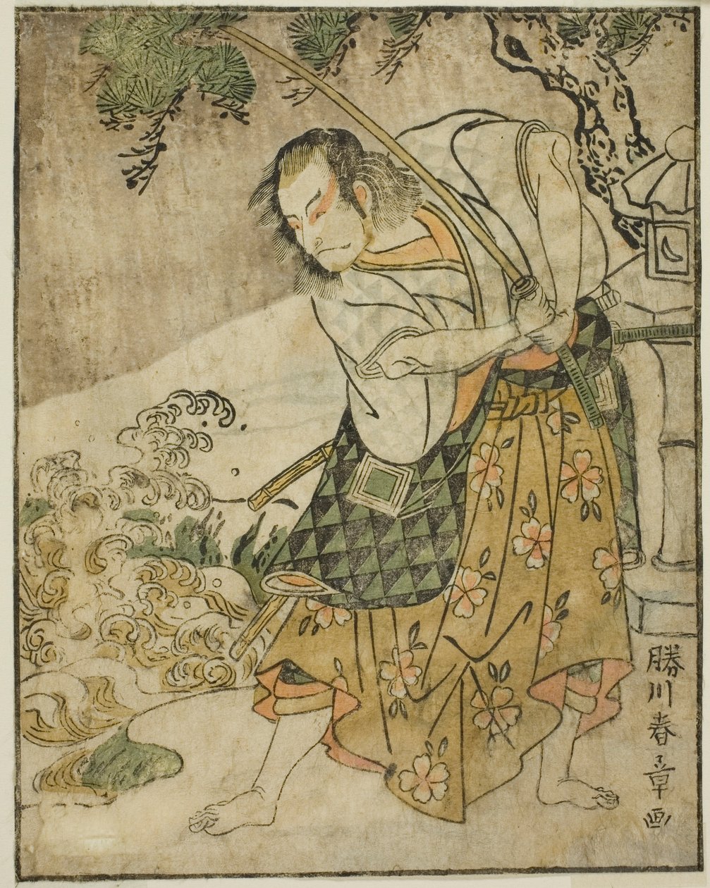 Skuespilleren Ichikawa Danjuro V som Ogata no Sabura (?) i Play Nue no Mori Ichiyo no Mato, fremført på Nakamura Theatre i den ellevte måneden, 1770 av Katsukawa Shunsho