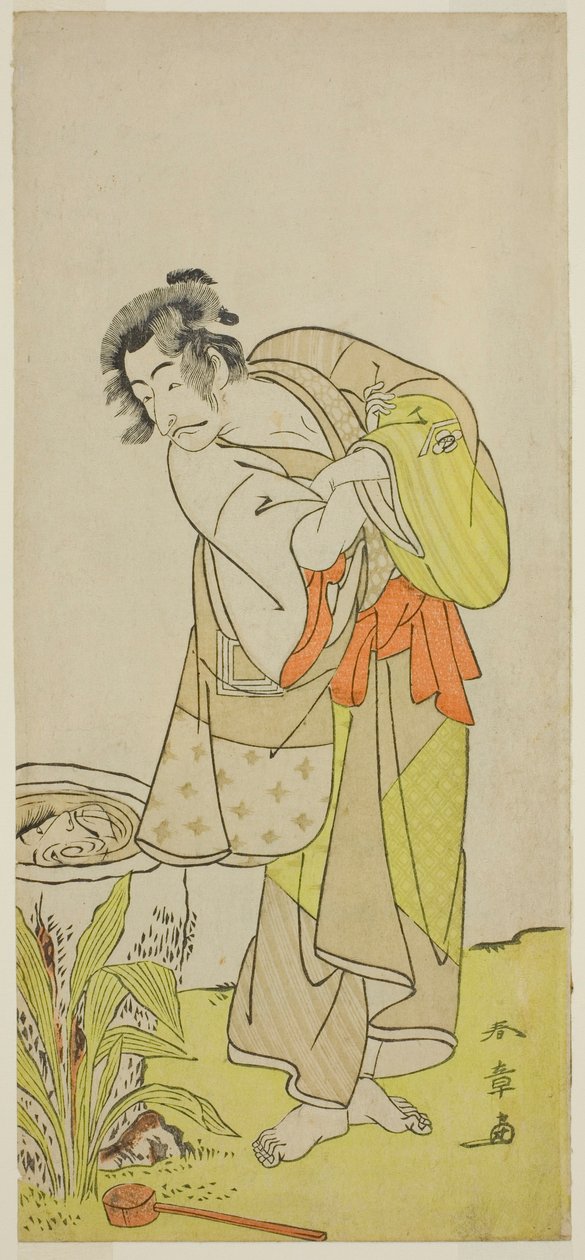 Skuespilleren Ichikawa Danjuro V som Soga no Dozaburo (?) i stykket Shida Yuzuriha Horai Soga (?), fremført på Morita Theatre (?) i den første måneden, 1775 (?) av Katsukawa Shunsho