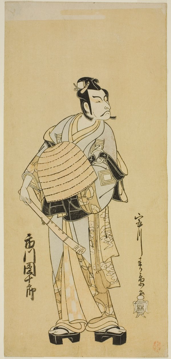 Skuespilleren Ichikawa Danjuro V som Soga no Goro forkledd som en Komuso i stykket Sakai-cho Soga Nendaiki, fremført på Nakamura Theatre i den første måneden, 1771 av Katsukawa Shunsho