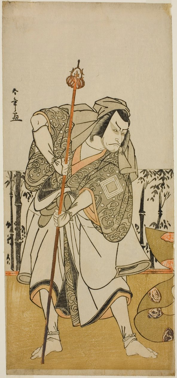 Skuespilleren Ichikawa Danjuro vs Taira no Masakado forkledd som pilegrimen Junjo i stykket Masakado Kammuri no Hatsuyuki, fremført på Nakamura Theatre i den ellevte måneden, av Katsukawa Shunsho