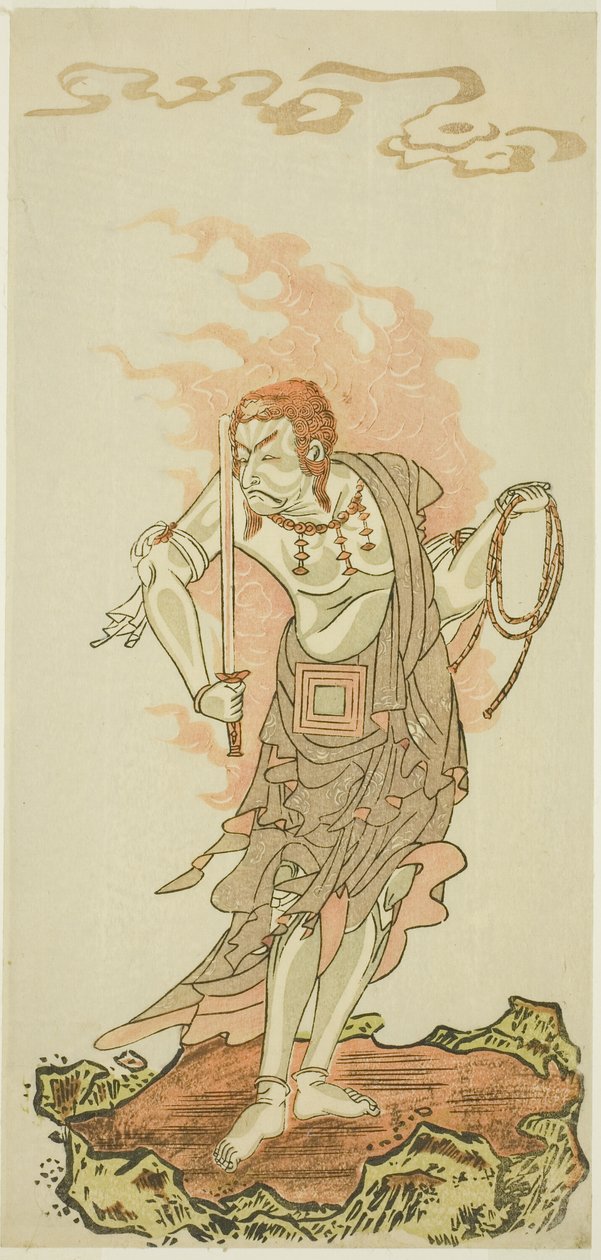 Skuespilleren Ichikawa Danjuro V som den buddhistiske guddommen Fudo i sluttscenen fra del én av stykket Fuki Kaete Tsuki mo Yoshiwara (Rethatched Roof: The Moon also Shines Over the Yoshiwara Pleasure District), fremført på Morita Theatre fra den første av Katsukawa Shunsho