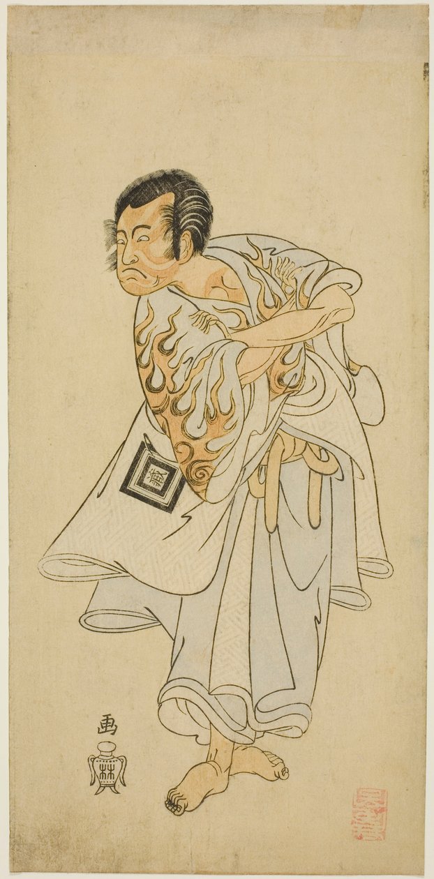 Skuespilleren Ichikawa Danzo III som den hellige eremitten Narukami i stykket "Narukami", fremførte med "Miyakodori Azuma Komachi (Bird of the Capital: Komachi of the East)" på Morita Theatre i den tredje måneden, 1768 av Katsukawa Shunsho