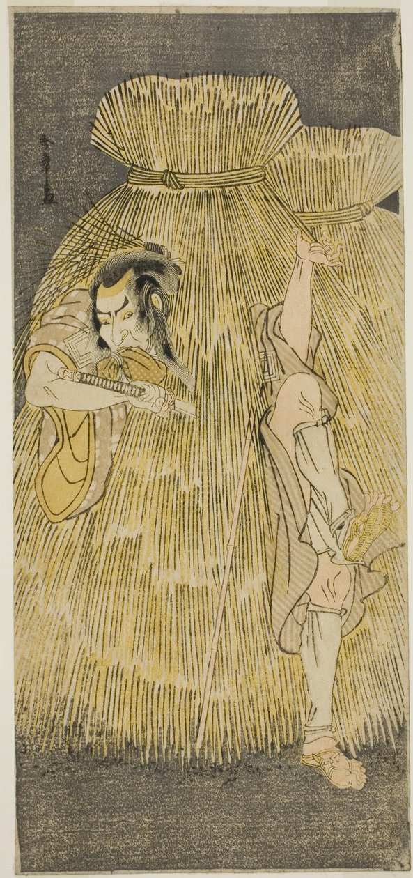 Skuespilleren Ichikawa Danzo IV gjør en rask endring mellom rollene til Sadakuro og Yoichibei, i stykket Kanadehon Chushingura, fremført på Morita Theatre i den tredje måneden, 1781 av Katsukawa Shunsho
