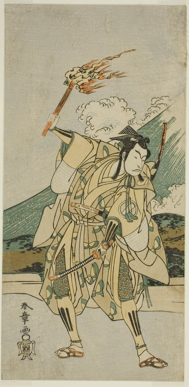 Skuespilleren Ichikawa Monnosuke II som Soga no Goro Tokimune i stykket Haru wa Soga Akebono-zoshi (?), fremført på Nakamura Theatre (?) i den første måneden, 1772 (?) av Katsukawa Shunsho