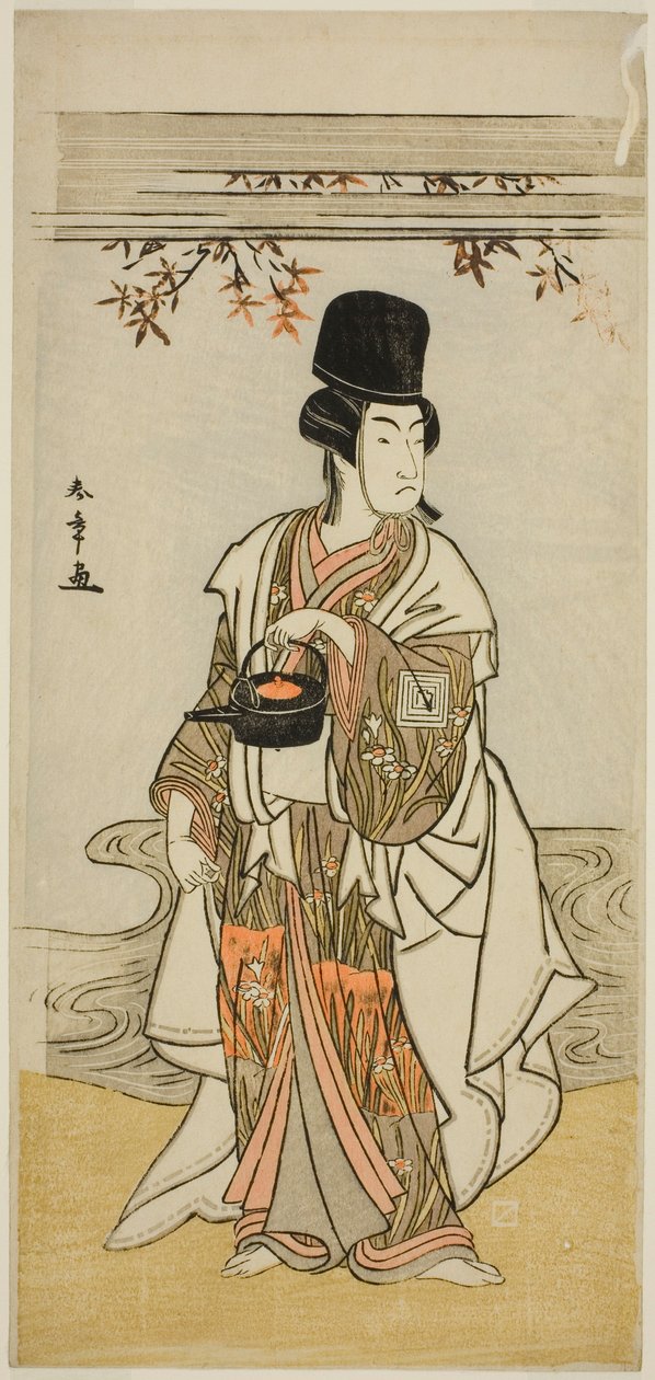 Skuespilleren Ichikawa Monnosuke II som hofftjener Shoheida Sadamori i stykket Masakado Kammuri no Hatsuyuki, fremført på Nakamura Theatre i den ellevte måneden, 1777 av Katsukawa Shunsho
