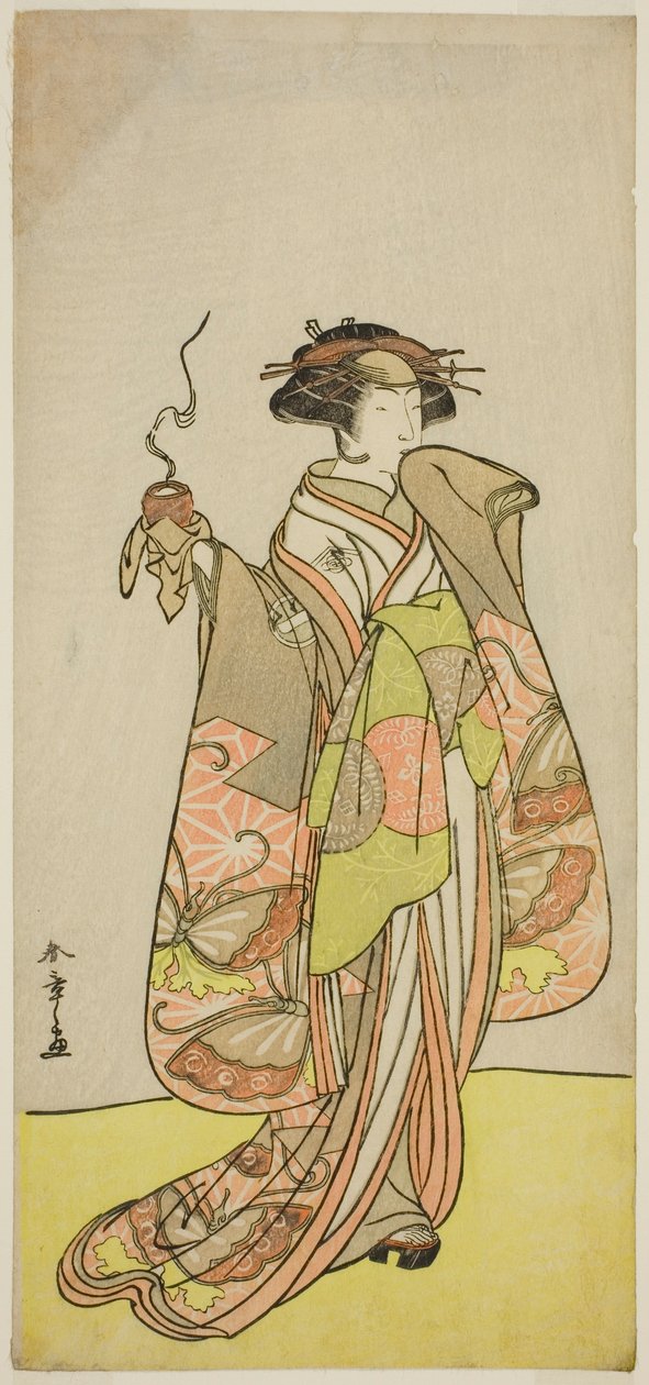 Skuespilleren Ichikawa Monnosuke II som kurtisan Kewaizaka no Shosho i stykket Sono Kyodai Fuji no Sugatami, fremført på Morita Theatre i den første måneden, 1776 av Katsukawa Shunsho