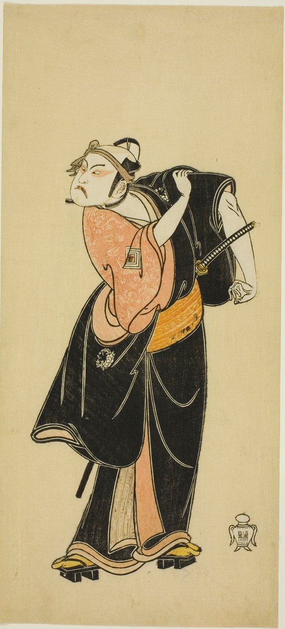 Skuespiller Ichikawa Raizo I som Hanakapado no Sukeroku i stykket "Hitokidori Harutsuge Soga" av Katsukawa Shunsho