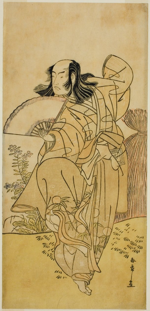 Skuespilleren Ichikawa Yaozo III som Kusunoki Uraminosuke forkledd som en mannlig rev fra Tsukamoto (?), i stykket Kumoi no Hana Yoshino no Wakamusha (?), fremført på Nakamura Theatre (?) i den ellevte måneden, 1786 (?) av Katsukawa Shunsho