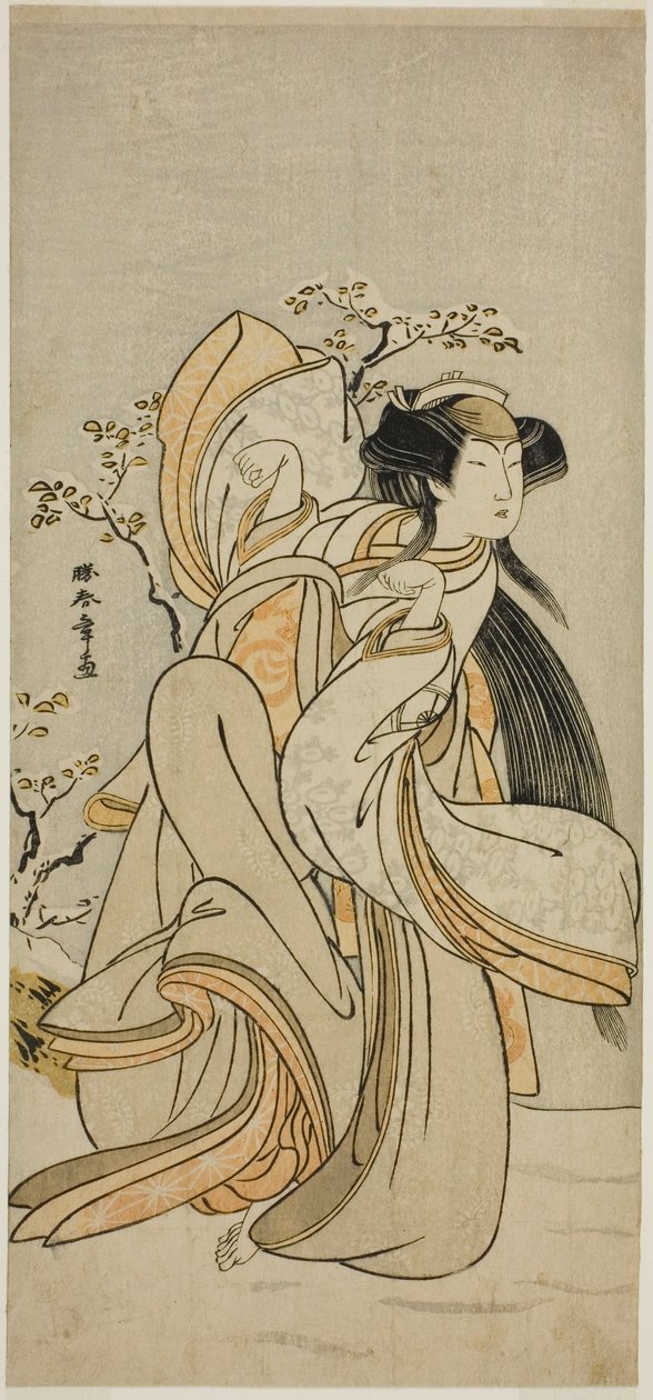 Skuespilleren Iwai Hanshiro IV som Kojoro-gitsune av Hakata i stykket Hikitsurete Yagoe Taiheiki, fremført på Morita Theatre i den ellevte måneden, 1776 av Katsukawa Shunsho