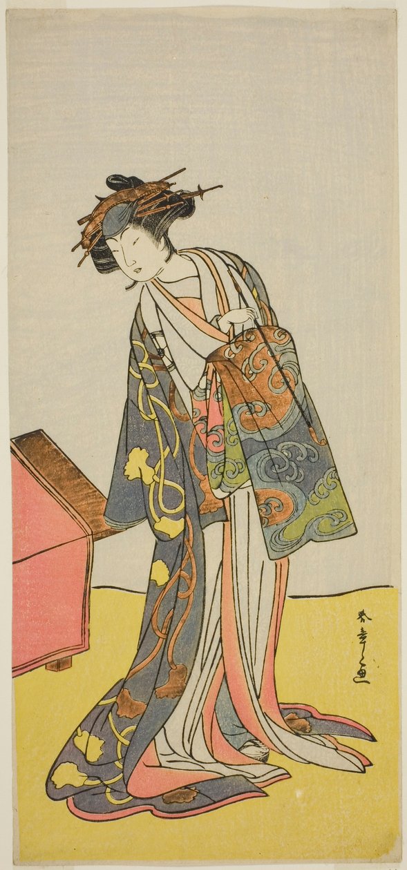 Skuespilleren Iwai Hanshiro IV som kurtisanen Agemaki i skuespillet Sukeroku Yukari no Hatsu-zakura, fremført på Ichimura Theatre i den tredje måneden, 1776 av Katsukawa Shunsho