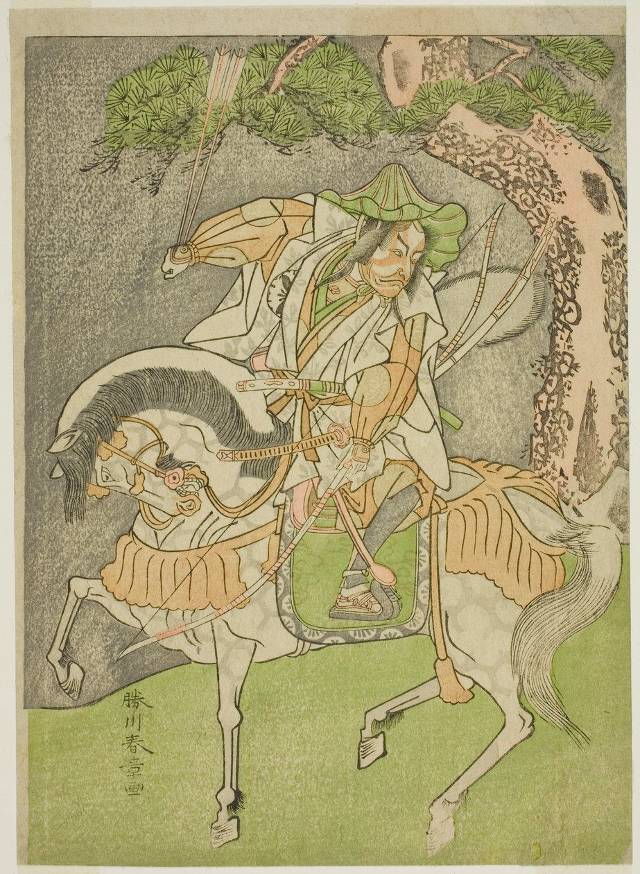 Skuespilleren Matsumoto Koshiro II som Kagekiyo forkledd som Omi Yawatanosuke i stykket Haru wa Soga Akebono-zoshi, fremført på Nakamura Theatre i den første måneden, 1772 av Katsukawa Shunsho