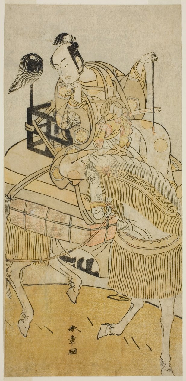 Skuespilleren Matsumoto Koshiro IV som Ogata no Saburo forkledd som Matsuura Saemon i stykket Ichi no Tomi Tsuki no Kaomise, fremført på Morita Theatre i den ellevte måneden, 1774 av Katsukawa Shunsho