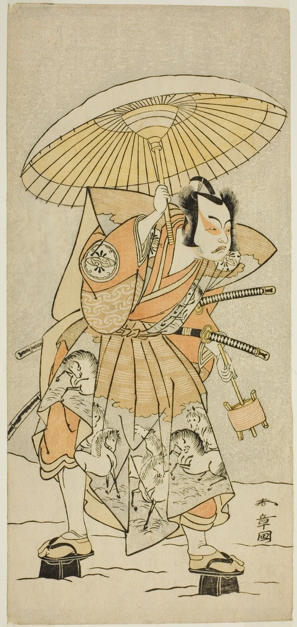 Skuespilleren Nakamura Juzo II som Kajiwara Genta Kagetoki i stykket Izu-goyomi Shibai no Ganjitsu, fremført på Morita Theatre i den ellevte måneden, 1772 av Katsukawa Shunsho