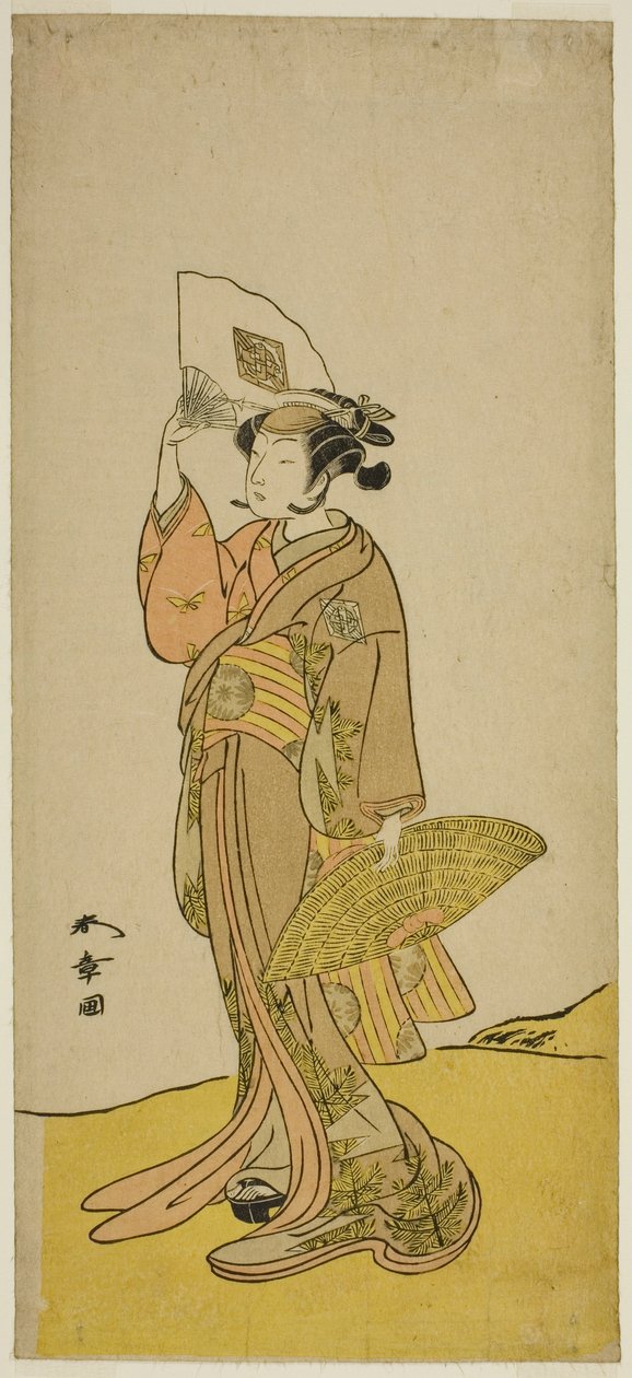 Skuespilleren Nakamura Matsue I som Kasaya Sankatsu (?) i stykket Hana no Gosho Konegen Butai (?), fremført på Nakamura Theatre (?) i den åttende måneden, 1772 (?) av Katsukawa Shunsho