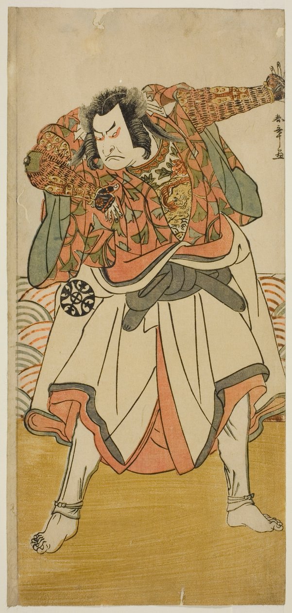 Skuespilleren Nakamura Nakazo I som Chinzei Hachiro Tametomo forkledd som en asketisk munk, i stykket Kitekaeru Nishiki no Wakayaka, fremført på Nakamura Theatre i den ellevte måneden, 1780 av Katsukawa Shunsho