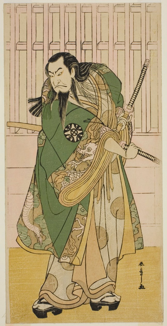 Skuespilleren Nakamura Nakazo I som Hige no Ikyu i stykket Nanakusa Yosooi Soga, fremført på Nakamura Theatre i den femte måneden, 1782 av Katsukawa Shunsho