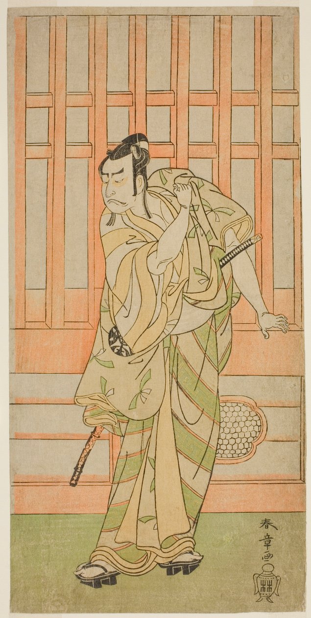 Skuespilleren Nakamura Nakazo I som Kudo Saemon Suketsune (?) i stykket Sakai-cho Soga Nendaiki (?), fremført på Nakamura Theatre (?) i den første måneden, 1771 (?) av Katsukawa Shunsho