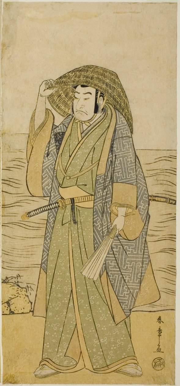 Skuespilleren Nakamura Nakazo I som Kume no Heinaizaemon forkledd som gatefortelleren Kosaka Jinnai, i skuespillet Kotobuki Banzei Soga, fremført på Ichimura Theatre i den femte måneden, 1783 av Katsukawa Shunsho
