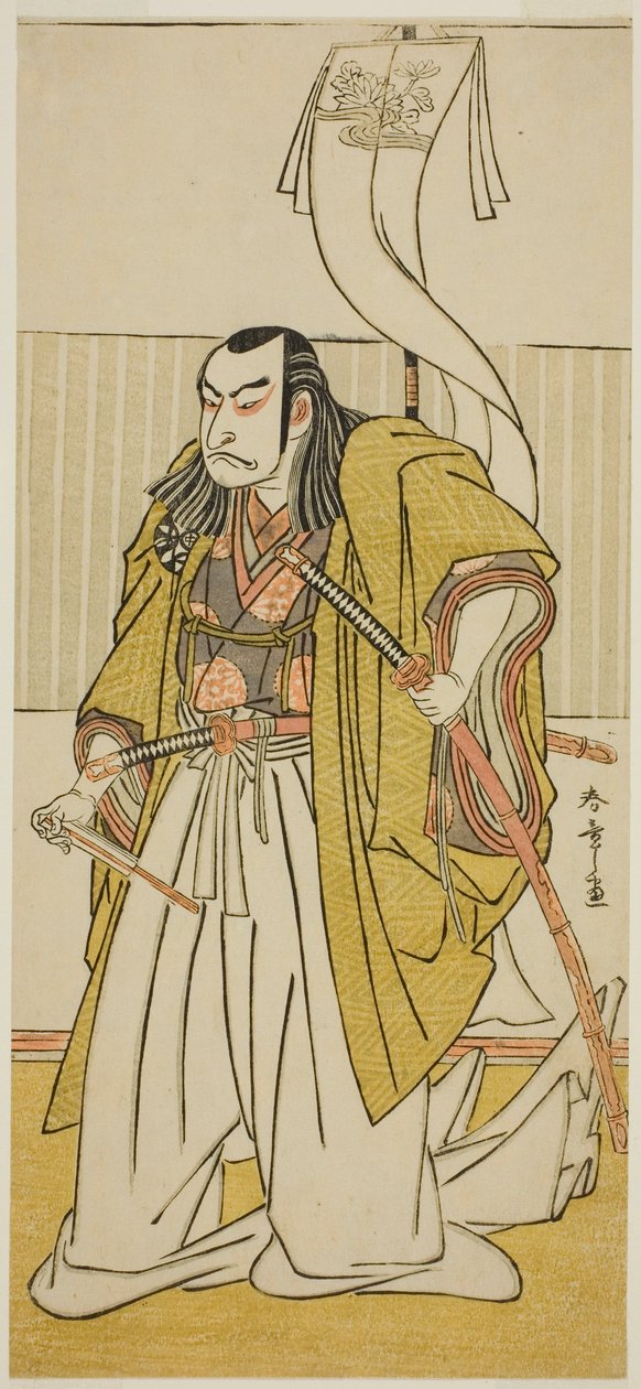Skuespilleren Nakamura Nakazo I som Kusunoki Masayuki forkledd som Uji no Joetsu, i stykket Go Taiheiki Shirishi-banashi, fremført på Morita Theatre i den fjerde måneden, 1780 av Katsukawa Shunsho