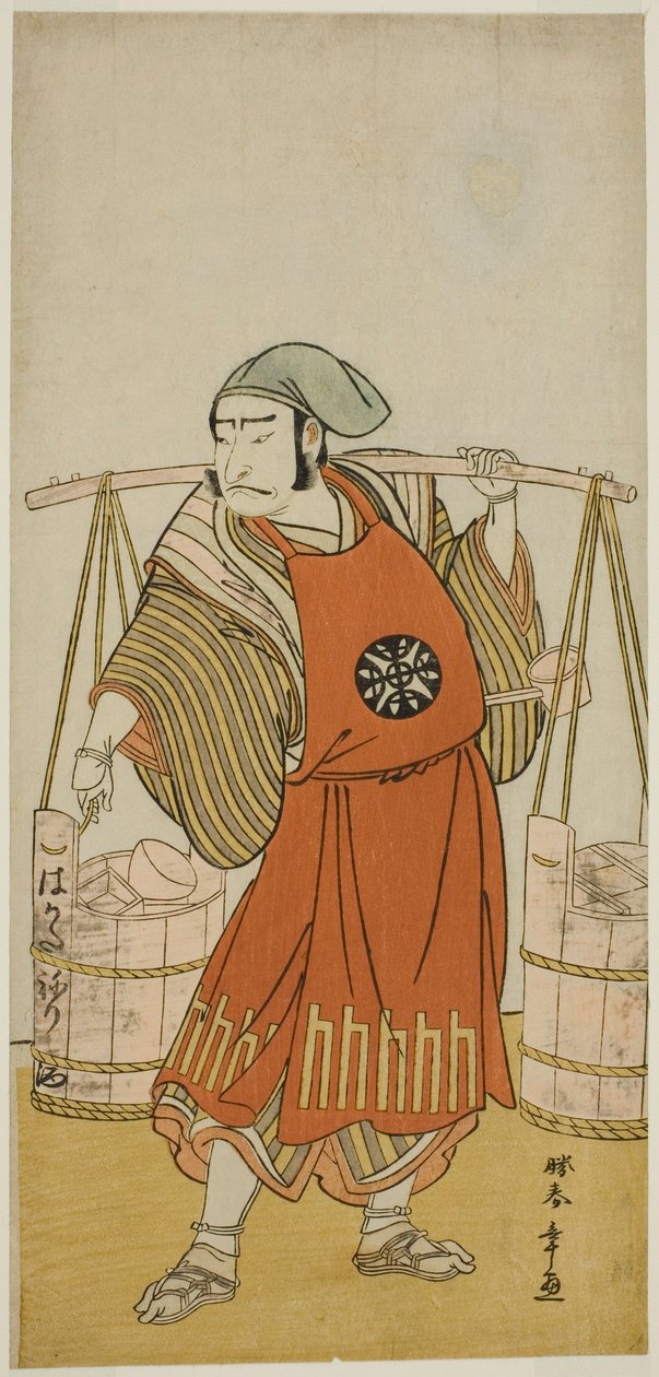 Skuespilleren Nakamura Nakazo I som Nagasaki Kageyuzaemon forkledd som Gorohachi the Sake Selger, i stykket Hikitsurete Yagoe Taiheiki, fremført på Morita Theatre i den ellevte måneden, 1776 av Katsukawa Shunsho