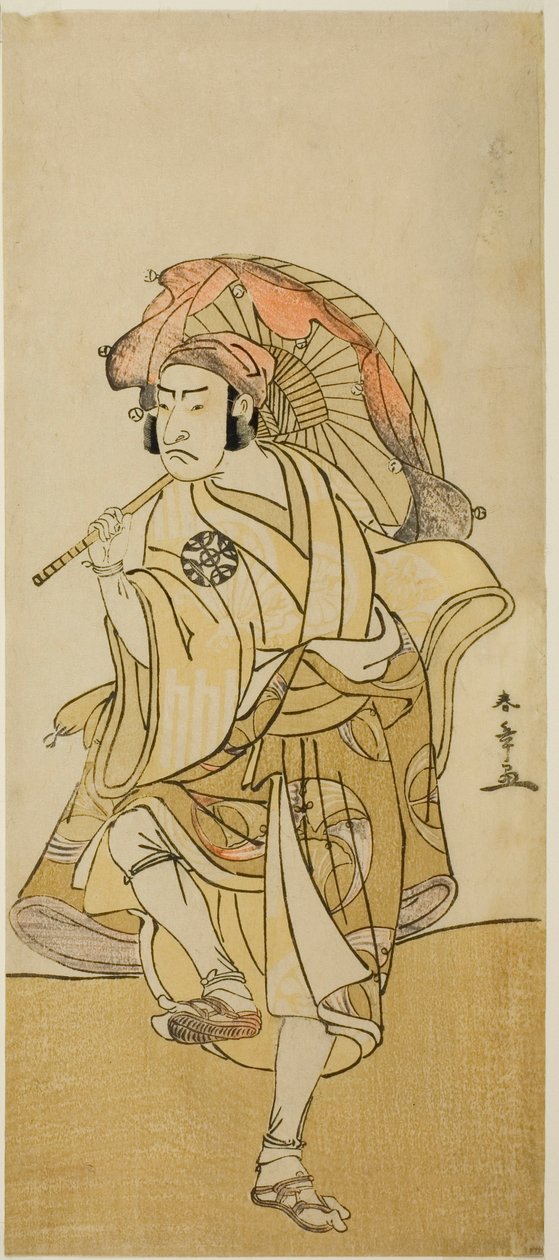 Skuespilleren Nakamura Nakazo I som Onmaya Kisanda forkledd som løvedanseren Kakubei i stykket Chigo Torii Tobiiri Kitsune, fremført på Ichimura Theatre i den ellevte måneden, 1777 av Katsukawa Shunsho