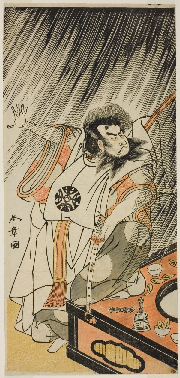 The Actor Nakamura Nakazo I in the Role of an Evil Courtier, Probably Prince Takahito, Illegitimate Son of Emperor Takakura, Disguised as Aso no Matsuwaka, in Part One of the Play Iro Moyo Aoyagi Soga (Green Willow Soga of Erotic Design), Performed at the  av Katsukawa Shunsho